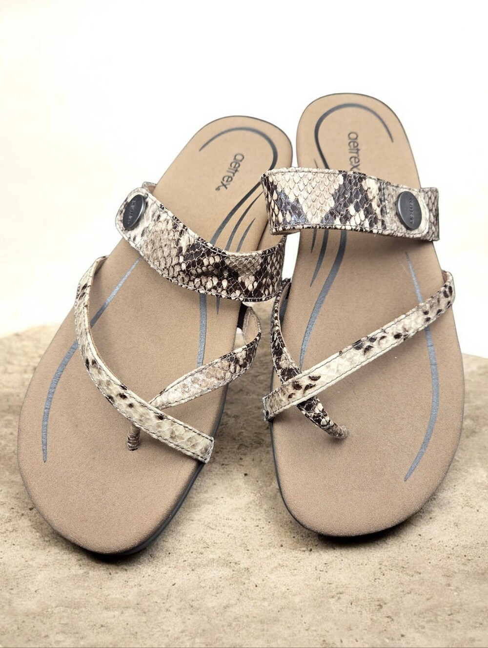 Aetrex Snake-Print Strappy Sandals in Beige and Brown